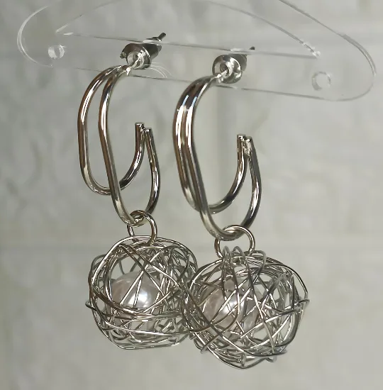 Caged Pearl Silver Earrings