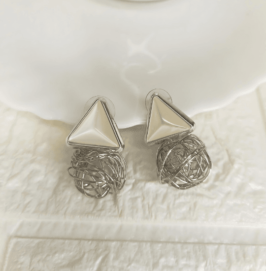 Caged pearl triangle earrings