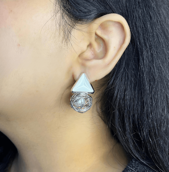 Caged pearl triangle earrings